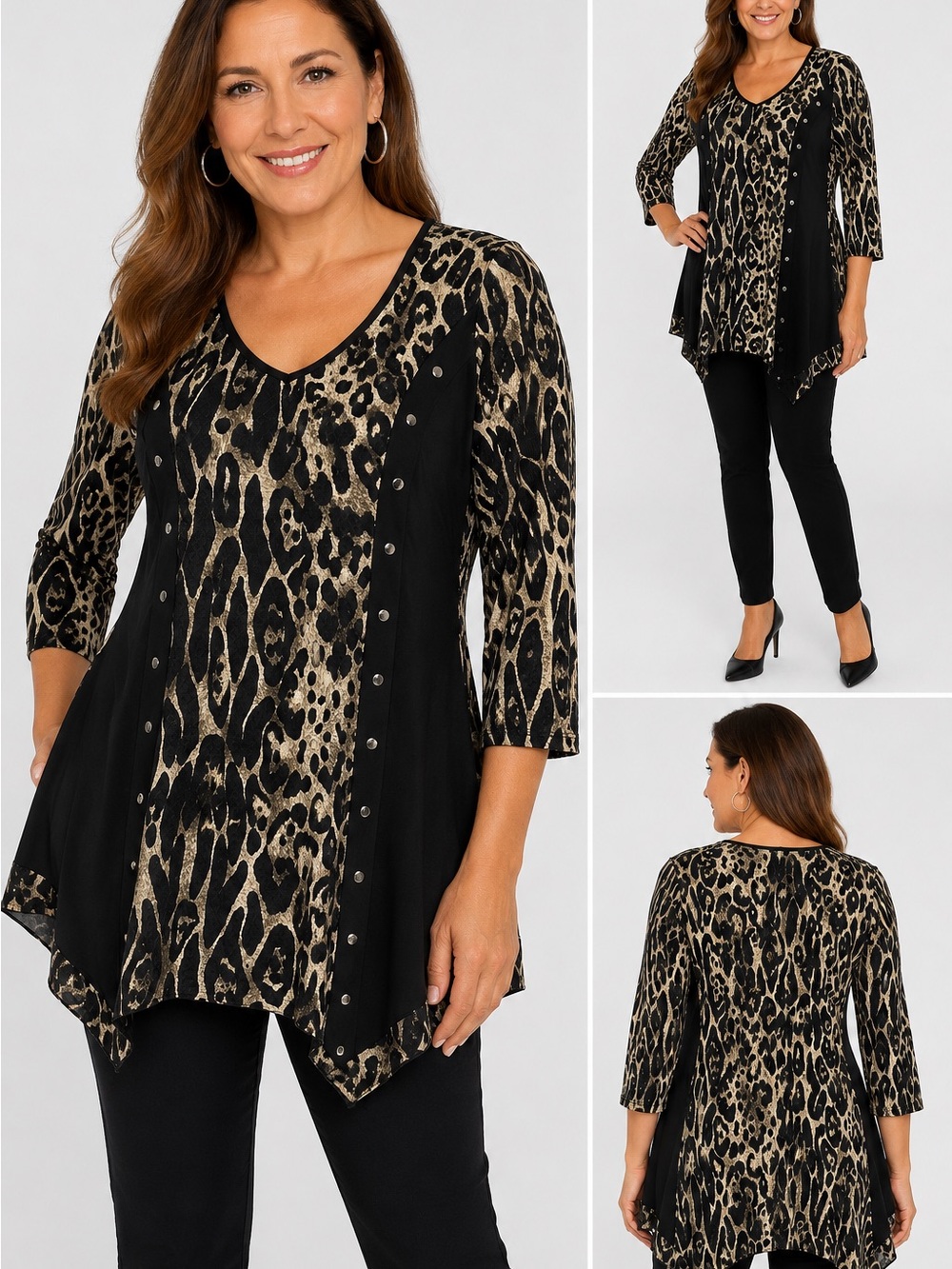 Frank Lyman Tunic Womens Size 8 Animal Print Shark Bite Hem Artsy Studded Blouse